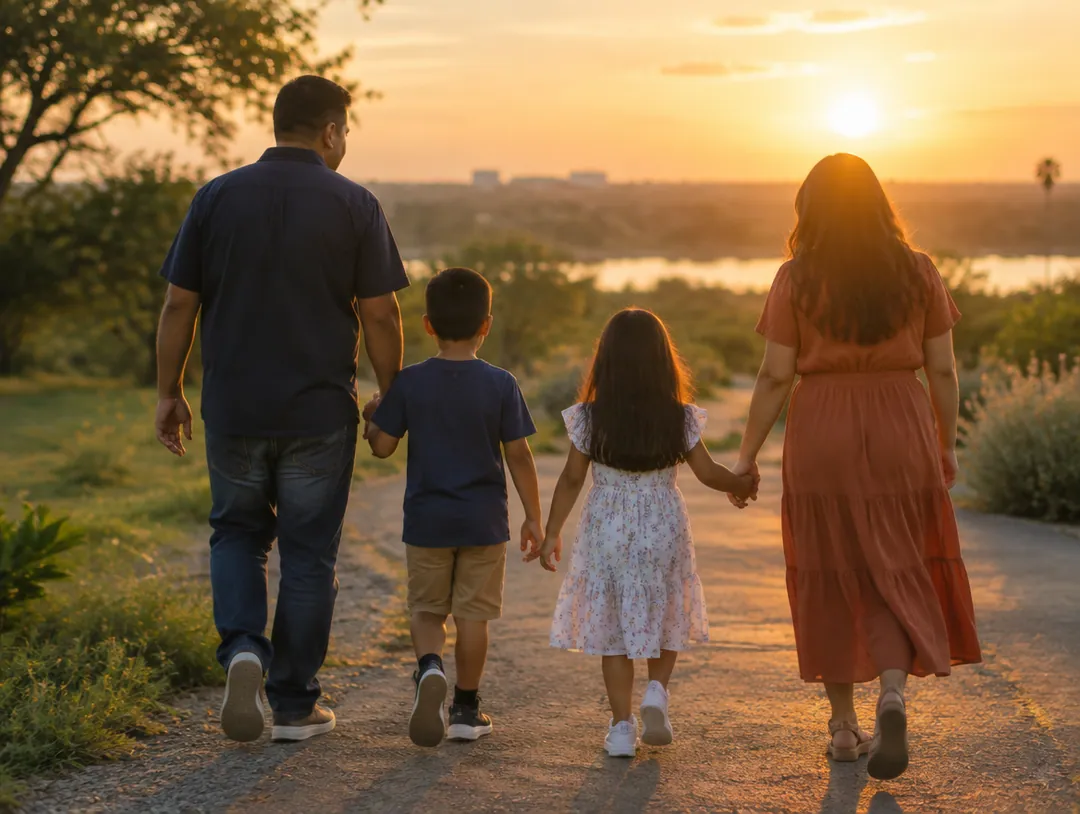 Family walking together at sunset in a Laredo park