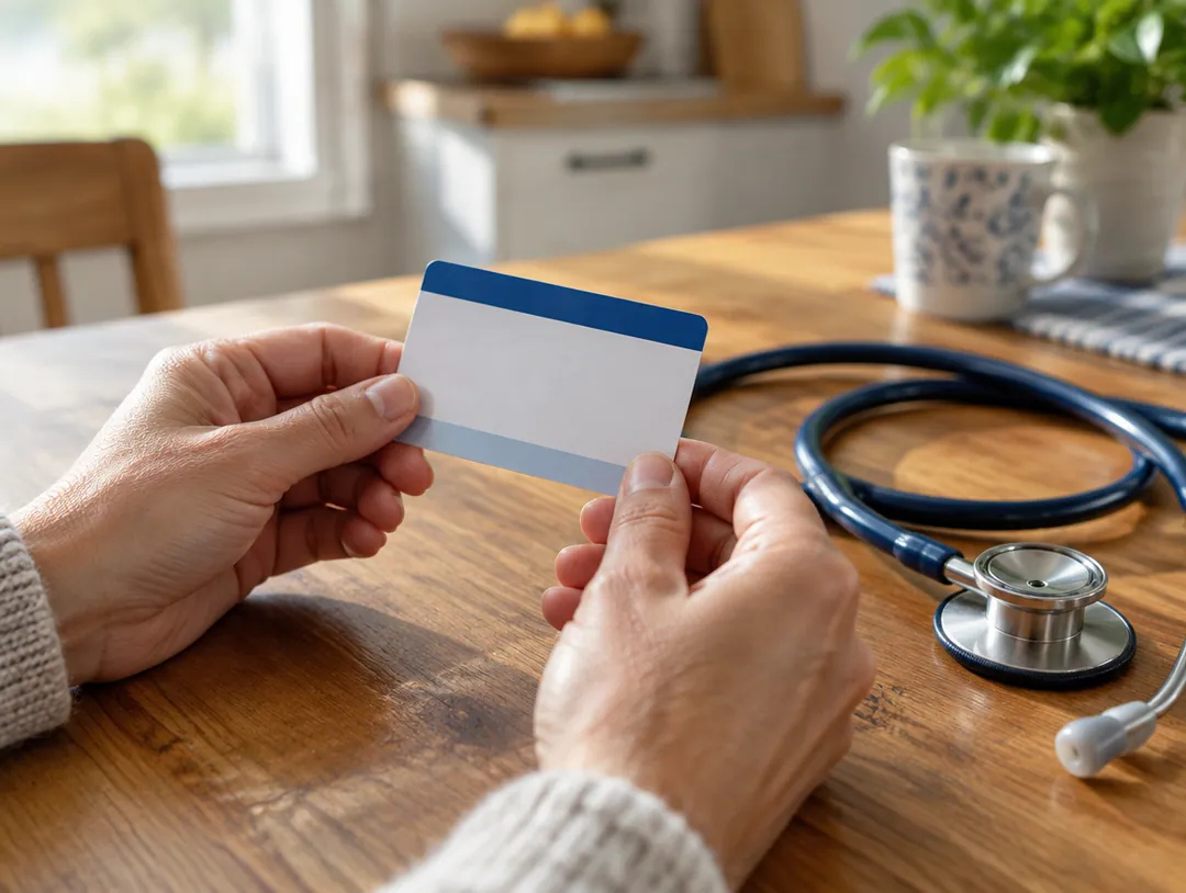 Health insurance card and stethoscope on a kitchen table